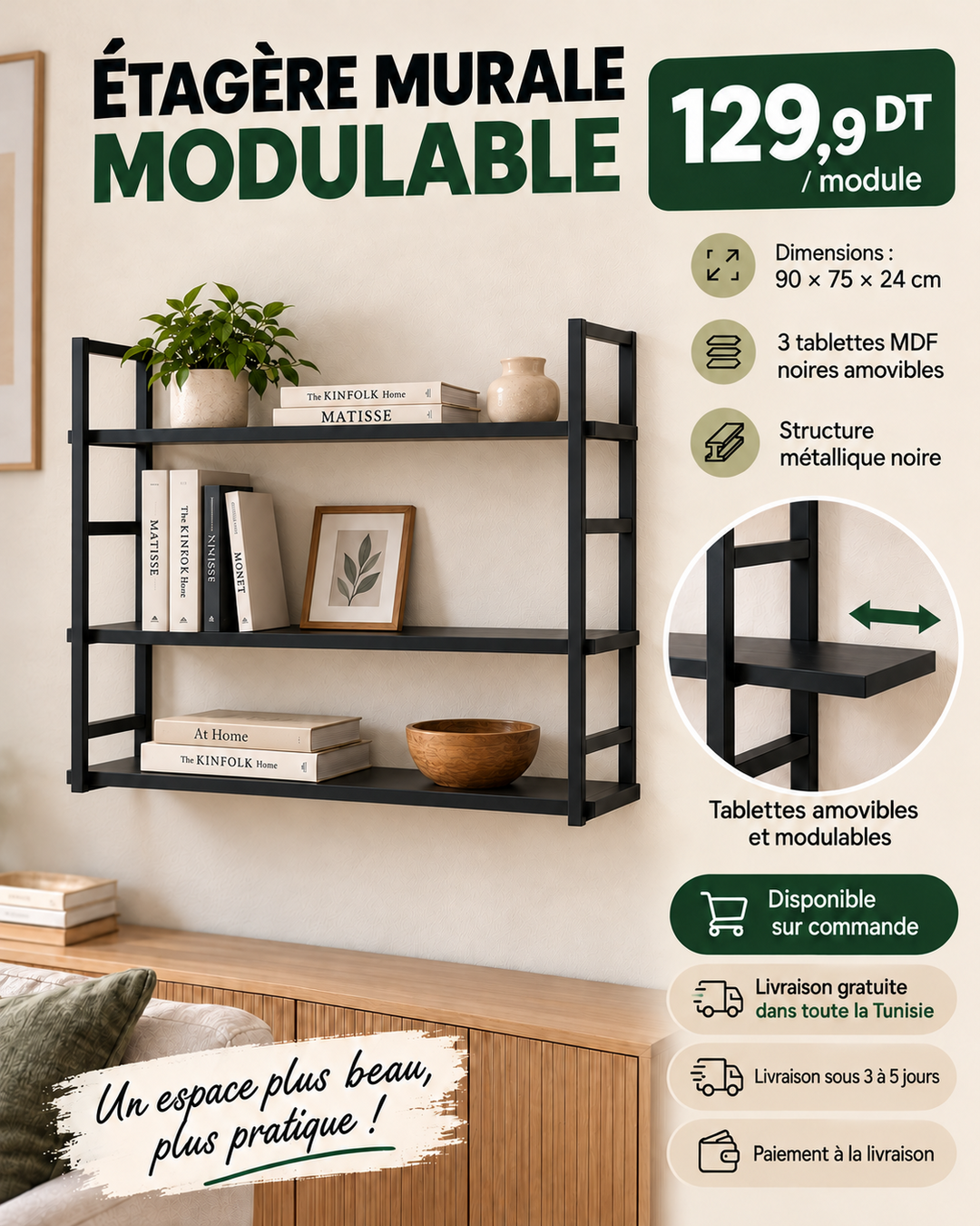 Étagère murale modulable noire, visuel salon